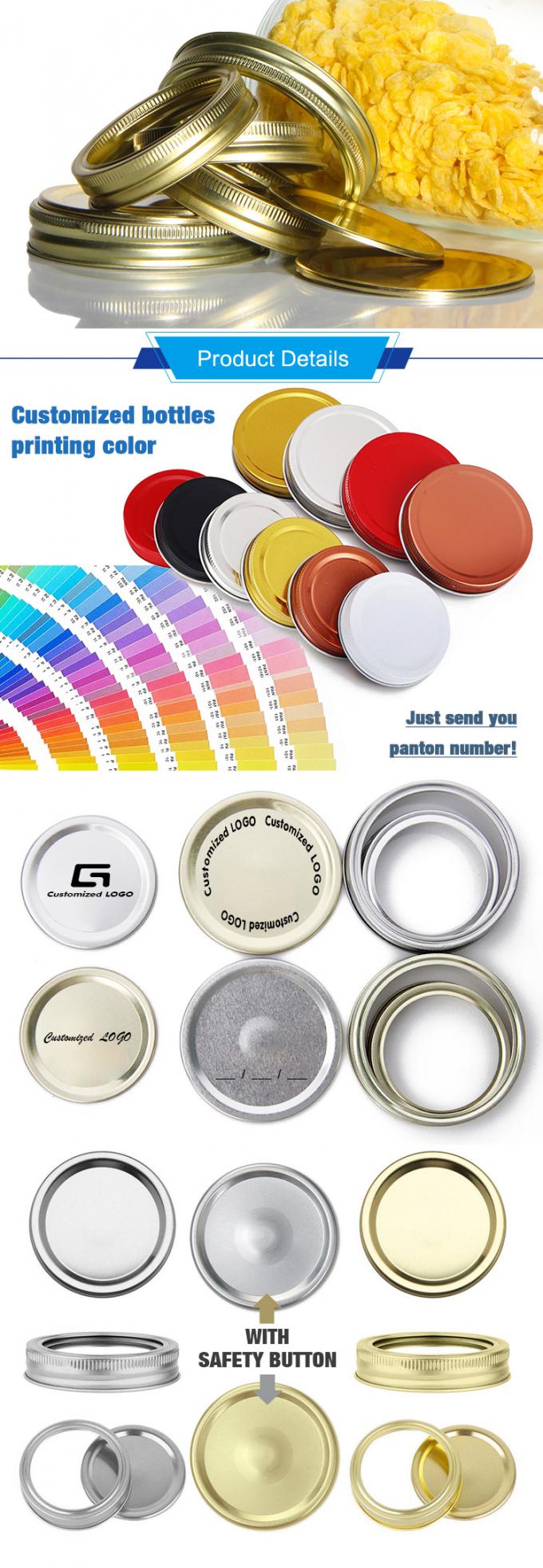 Benutzerdefiniertes Logo Farbenfrohe Breite Mund Gold 70mm Metallblech Luftdichtes Lagerdeckel F 1