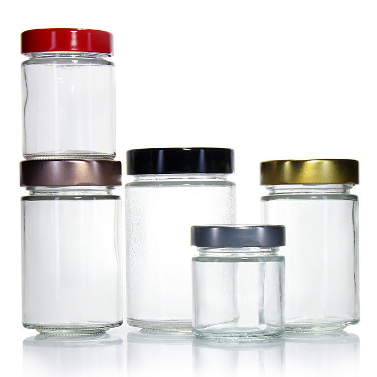 Klar rund 4oz 8oz 16oz 12oz 20oz Glasglas Glas Lebensmittelbehälter mit tiefem Metalldeckel