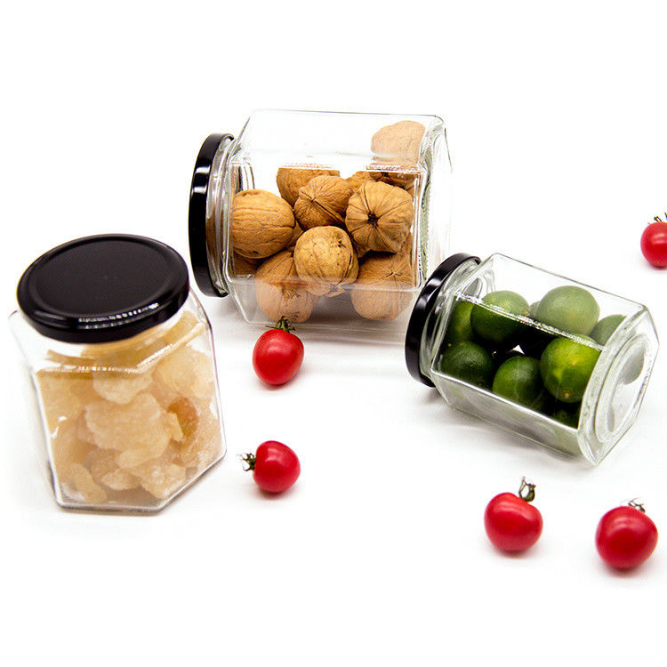 Custom Logo 100 ml 180 ml 280 ml 380 ml Marmelade Soße Aufbewahrung Glasflaschen Klares sechsseckiges Glas Honigglas