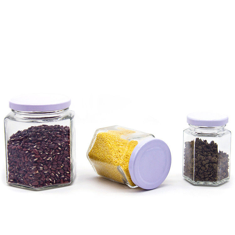 Custom Logo 100 ml 180 ml 280 ml 380 ml Marmelade Soße Aufbewahrung Glasflaschen Klares sechsseckiges Glas Honigglas