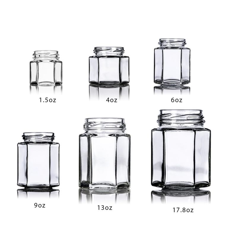 Custom Logo 100 ml 180 ml 280 ml 380 ml Marmelade Soße Aufbewahrung Glasflaschen Klares sechsseckiges Glas Honigglas