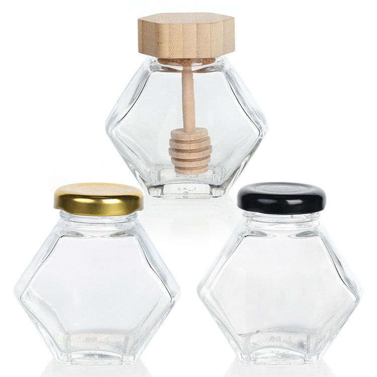 Hexagon Verdickte Transparente Speicher für Lebensmittel Verschiedene Größen Glas Honigkrüge mit versiegelten Metalldeckeln
