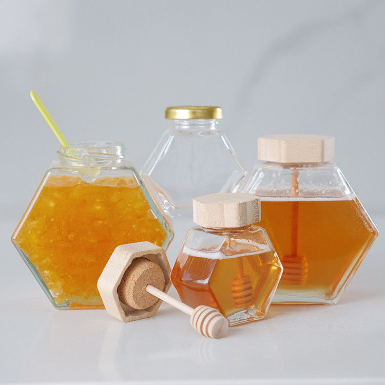 Hexagon Verdickte Transparente Speicher für Lebensmittel Verschiedene Größen Glas Honigkrüge mit versiegelten Metalldeckeln