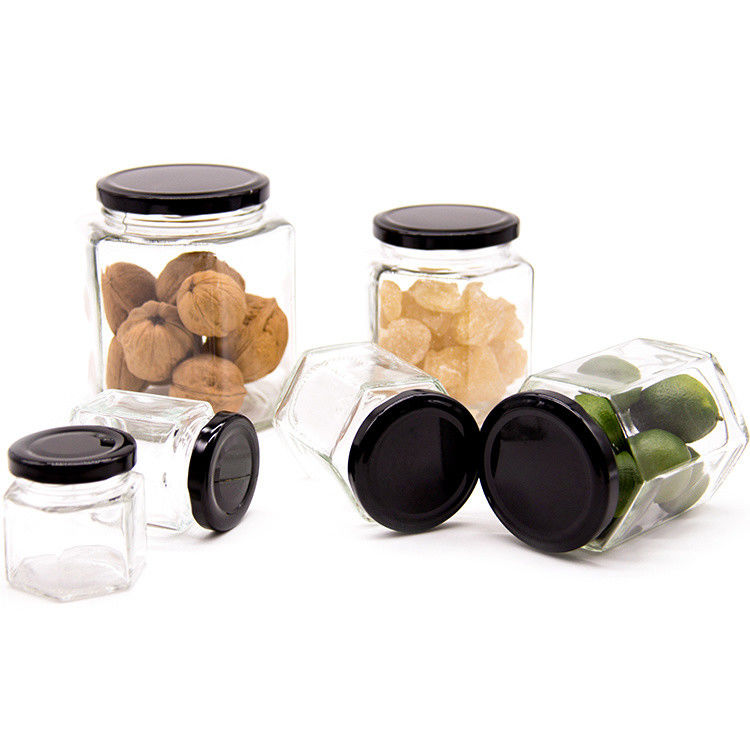 300 ml 200 ml 100 ml Großhandel Hexagon Glas Mason Jar Jam Jar Honig Jar mit Metall Schraubdeckel