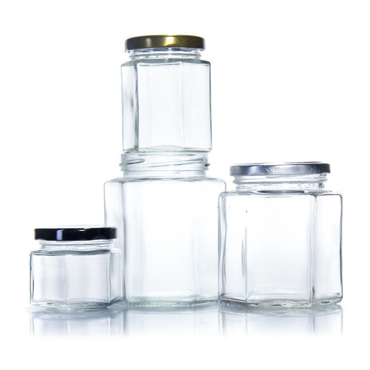 300 ml 200 ml 100 ml Großhandel Hexagon Glas Mason Jar Jam Jar Honig Jar mit Metall Schraubdeckel