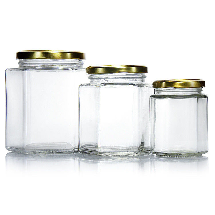 300 ml 200 ml 100 ml Großhandel Hexagon Glas Mason Jar Jam Jar Honig Jar mit Metall Schraubdeckel