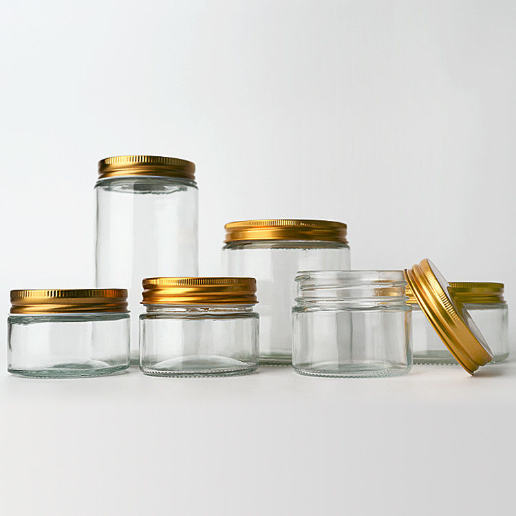 Fabrik Lieferung 8oz 12oz leere klare Süßigkeiten Runde Behälter Glasgläser mit Gold Metalldeckel