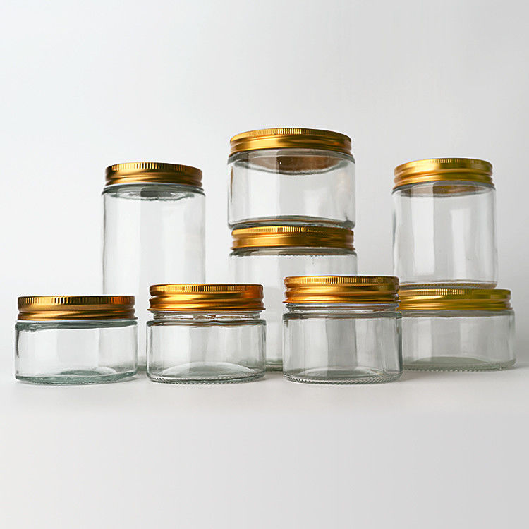 Fabrik Lieferung 8oz 12oz leere klare Süßigkeiten Runde Behälter Glasgläser mit Gold Metalldeckel