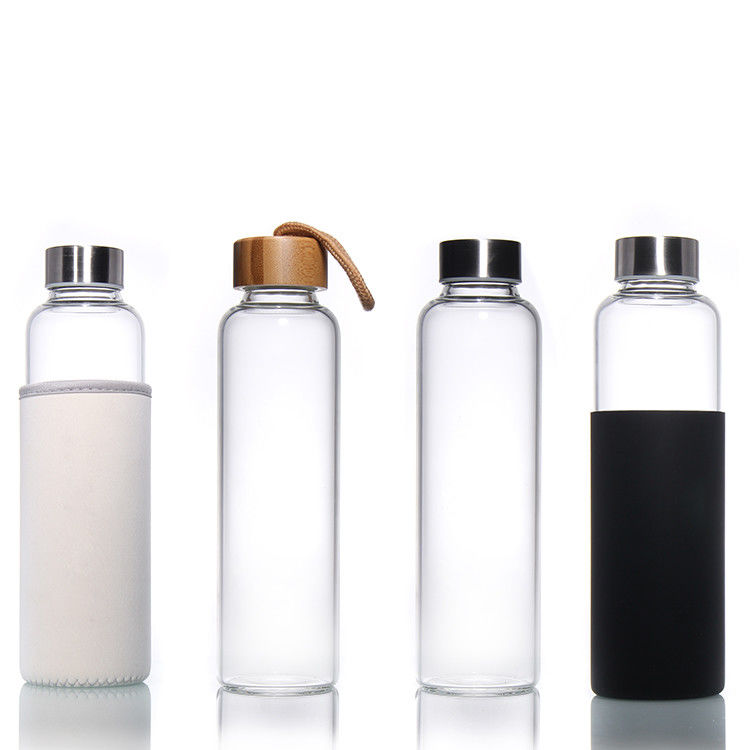 Außen 35 ml 500 ml runde Sport-Hoch-Borosilikat-Glas-Wasserflasche mit Silikon-Hülle