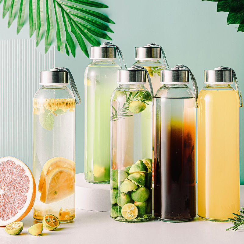 Hohe Qualität Großhandel Hochborosilikat Glas Trinkwasserflasche mit Edelstahldeckel