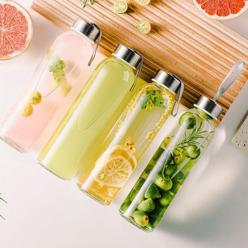 Hohe Qualität Großhandel Hochborosilikat Glas Trinkwasserflasche mit Edelstahldeckel